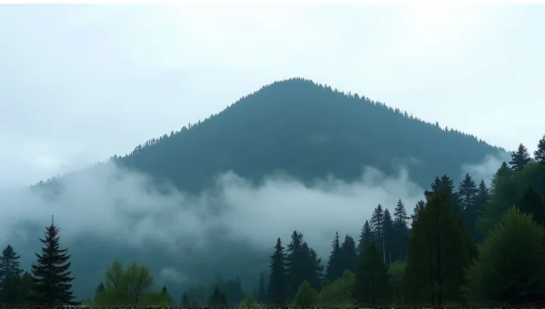Solitary Mountain Surrounded by Lush Trees and Mist