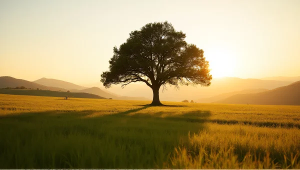 Solitary Oak Tree Wide Grass Field Golden Hour