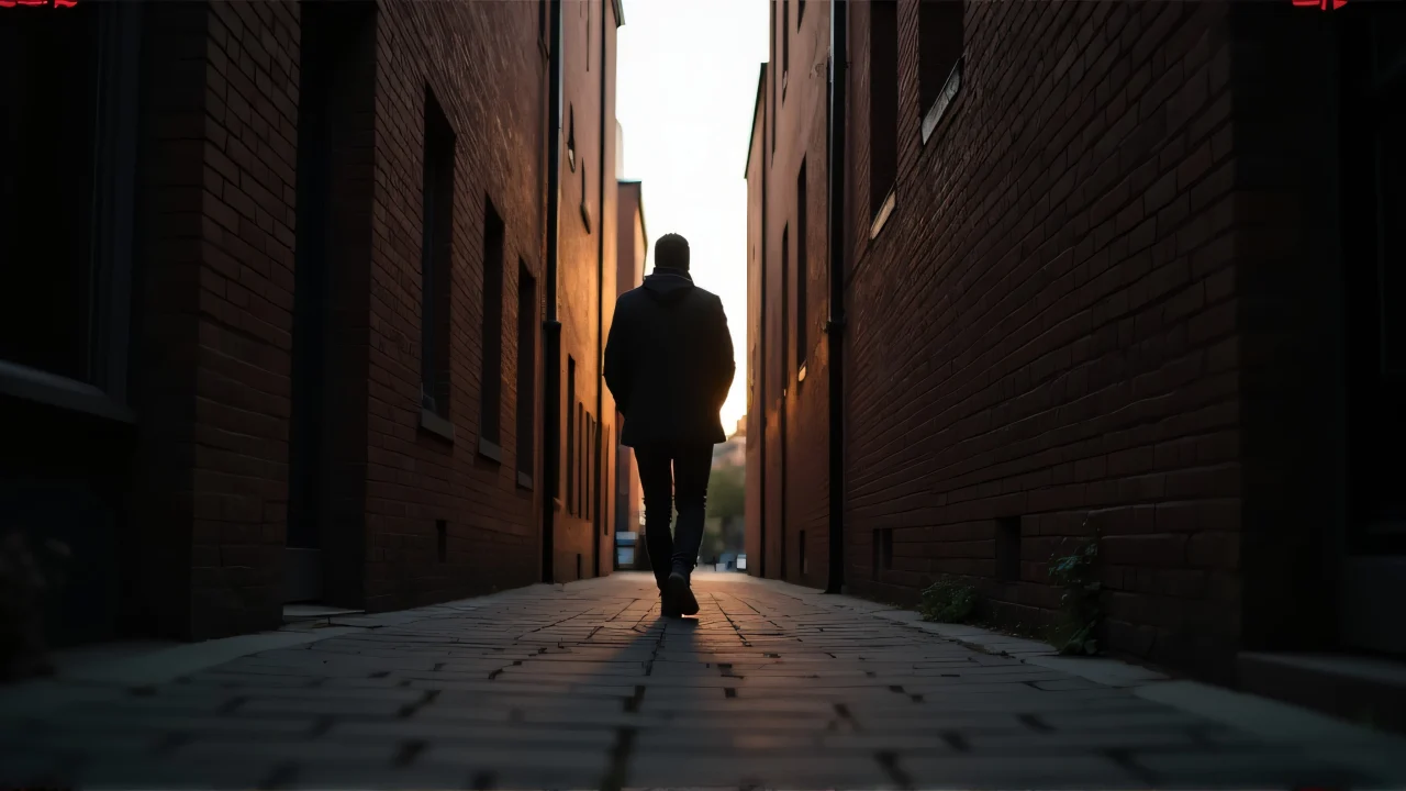 A solitary figure walks through narrow brick buildings at dusk.