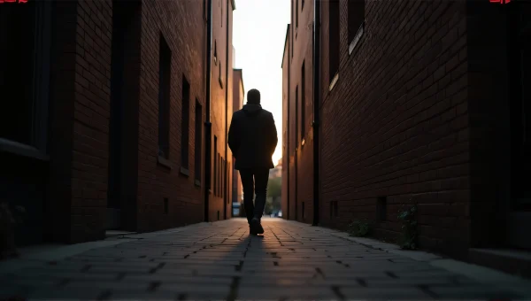 Solitary Person Walking Between Brick Buildings