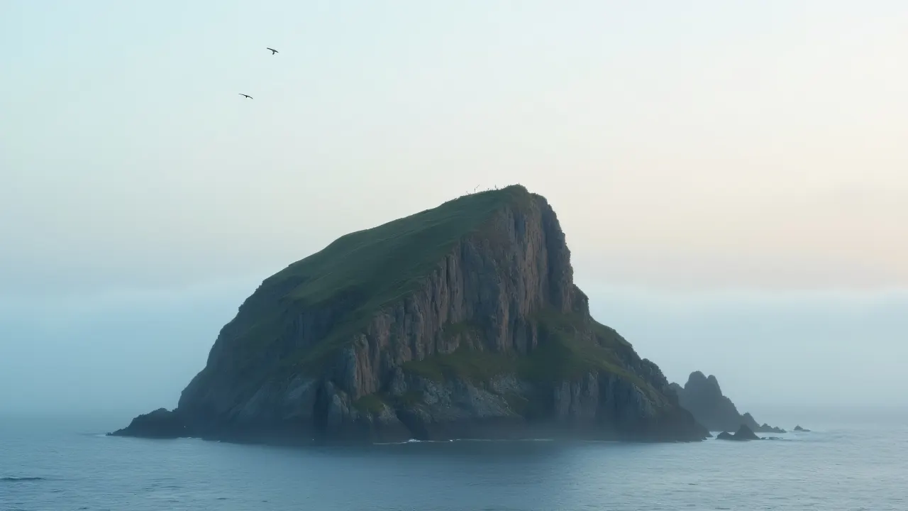 A solitary rock islet emerges from the misty sea at dawn, surrounded by soft light and circling gulls.