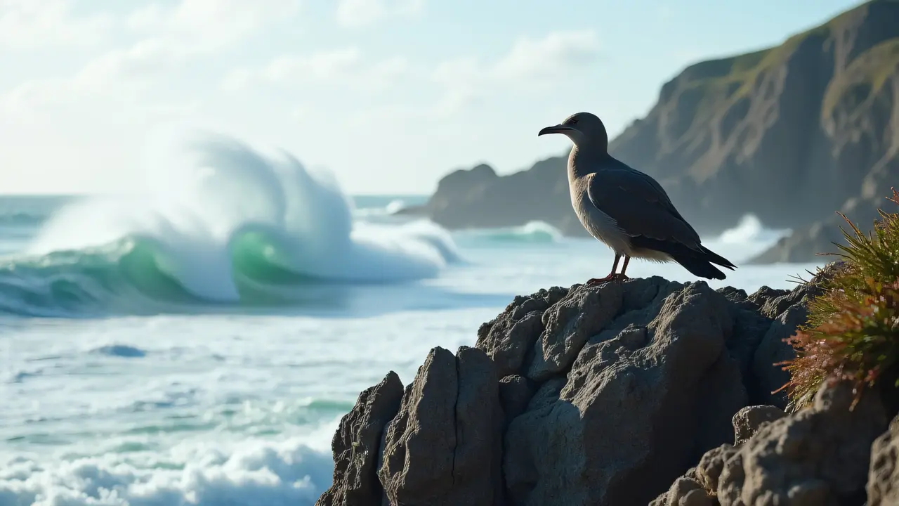 A solitary seabird stands on a cliff rock with ocean waves below, illuminated by low sunlight.