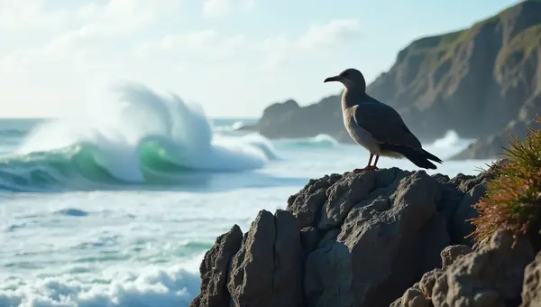 Solitary Seabird On Cliff Overlooking Ocean Waves