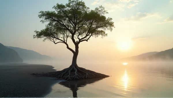 Solitary Tree Roots Reflected In Calm River