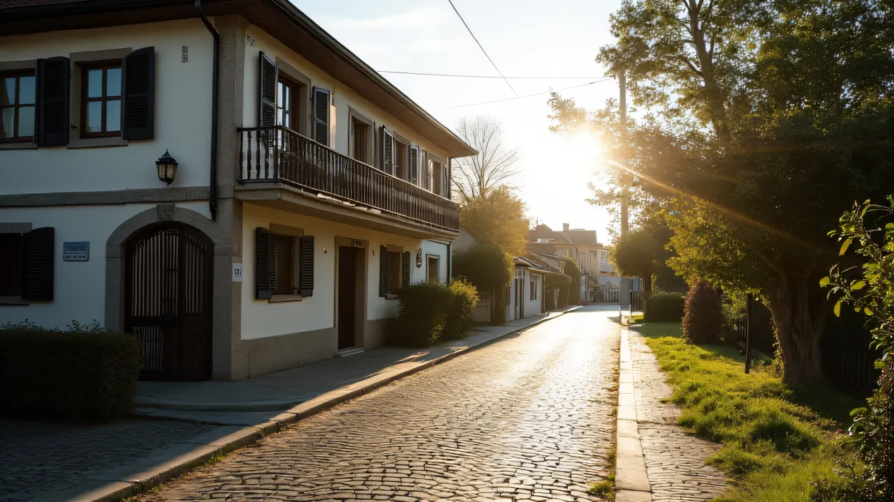 A two-story house on a cobblestone street with long shadows in the late afternoon light.