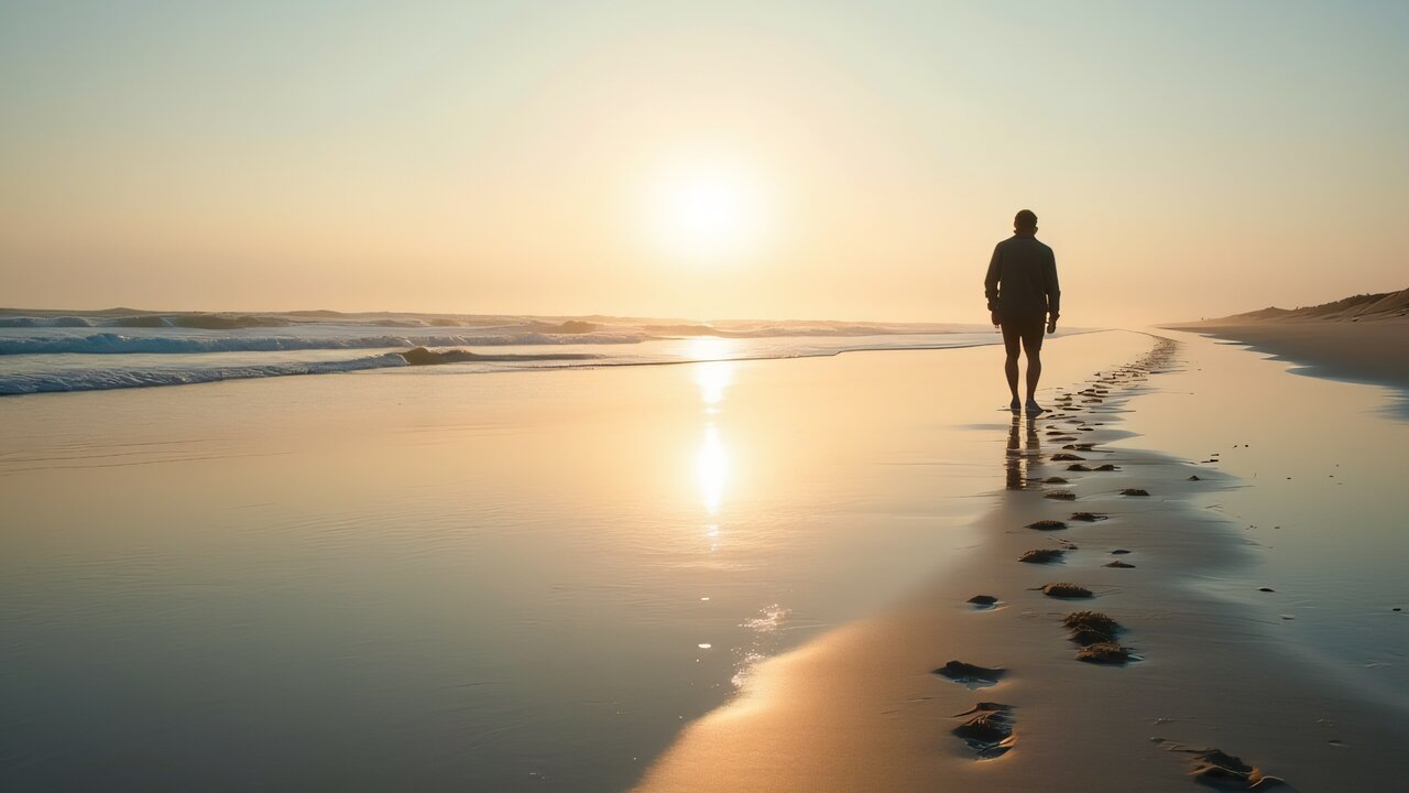 A solitary person walks along a wet seashore, footprints leading toward the horizon under a low sun.