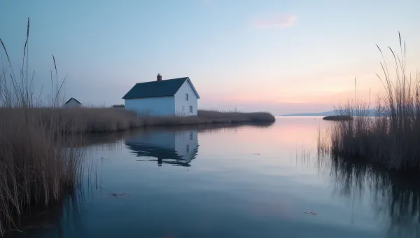 Solitary White Building By Calm Water At Dusk