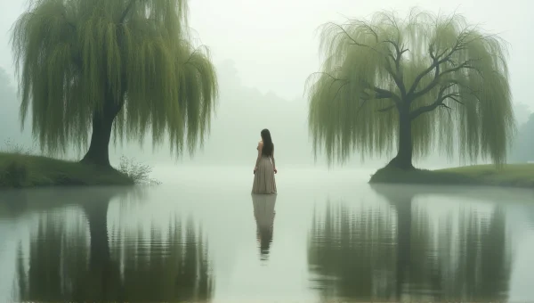 Solitary Woman at Pond with Willow Trees