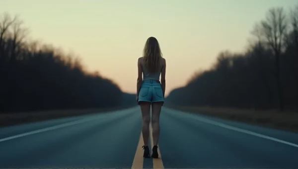 Solitary Woman on Empty Road at Dusk