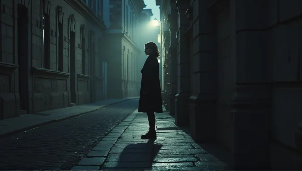 Solitary Woman in Long Coat by Stone Building