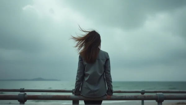 Solitary Woman on Railings Under Cloudy Sky