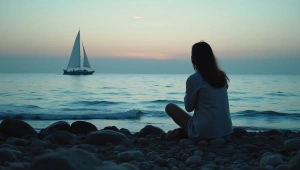Solitary Woman on Rocky Shoreline at Dusk