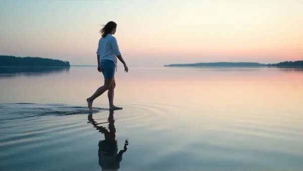 Solitary Woman Walking Across Calm Lake at Dusk