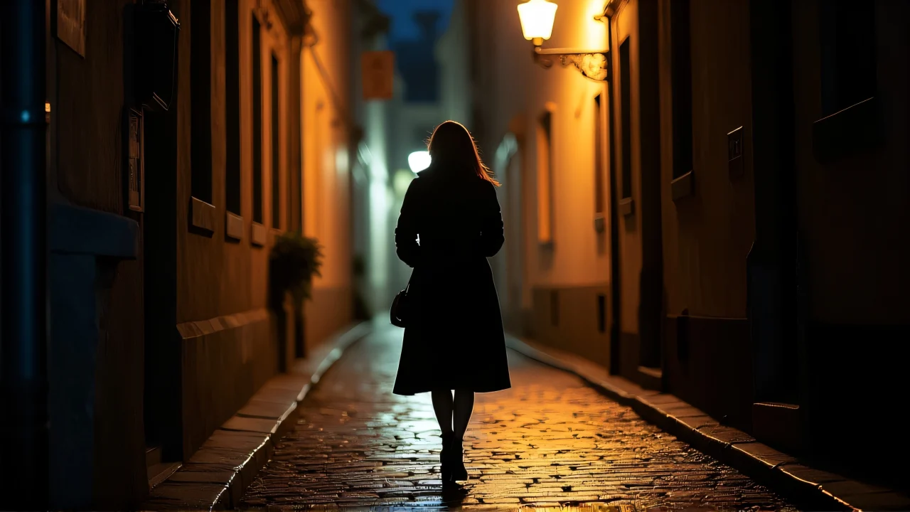 A woman in a long coat walks down a narrow cobblestone alley at night, illuminated by streetlamp reflections.