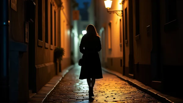 Solitary Woman Walking Cobblestone Alley at Night