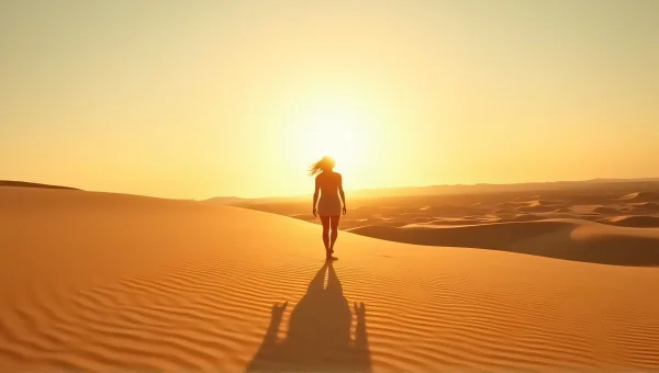Solitary Woman Walking in Desert at Golden Hour