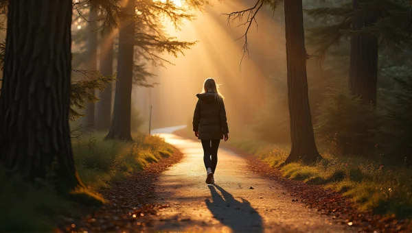 Solitary Woman Walking Forest Pathway Autumn