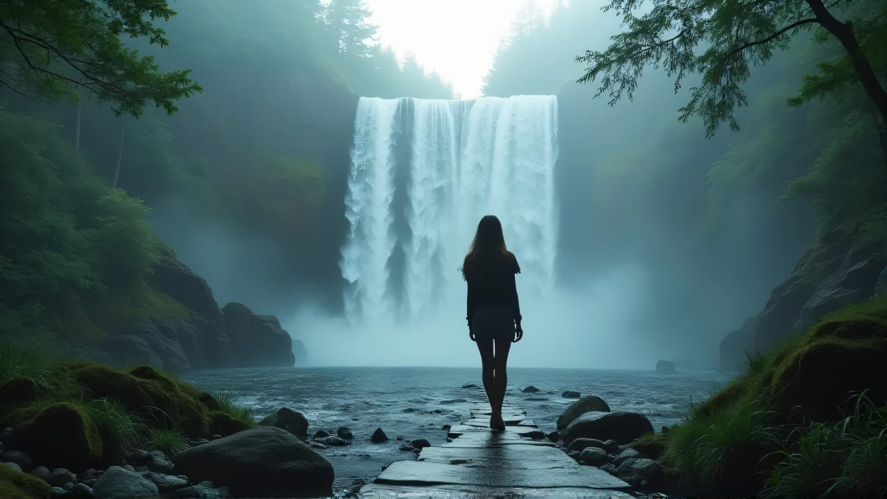 A woman walks towards multiple waterfalls in a misty forest, creating a serene atmosphere.