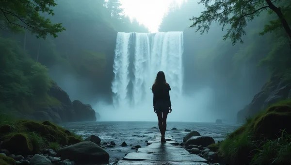 Solitary Woman Walking Toward Cascading Waterfalls