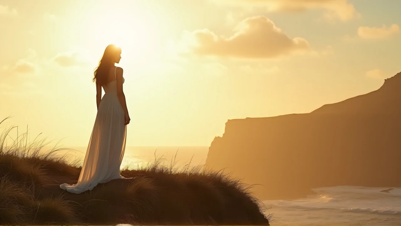 A woman in a white dress stands alone on a cliff during sunset.