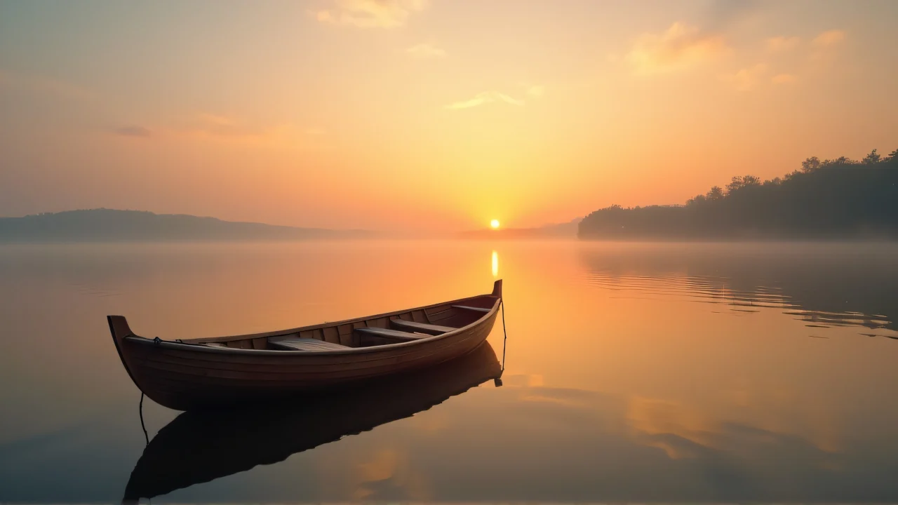 A wooden boat floats on a calm lake during sunset, reflecting golden hues.