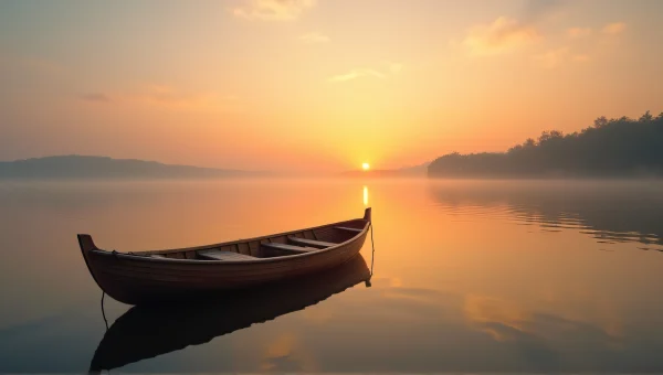 Solitary Wooden Boat Calm Lake Sunset Reflection