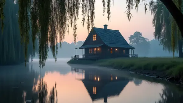 Solitary Wooden House Reflecting on River Dusk