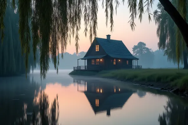 Solitary Wooden House Reflecting on River Dusk