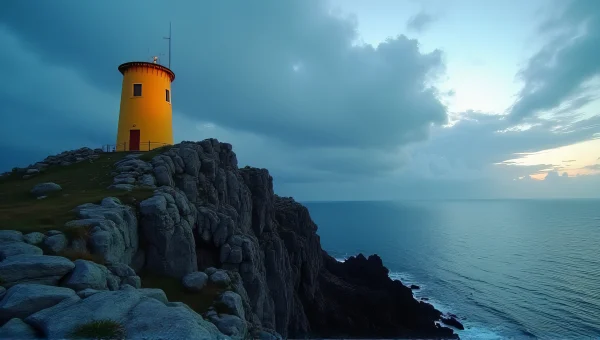 Solitary Yellow Tower on Rocky Promontory at Dusk