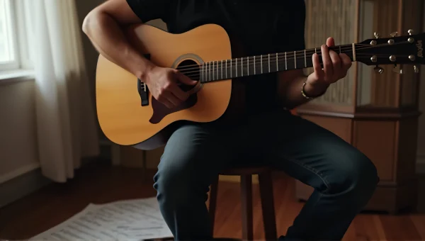 Solo Guitarist Strumming Acoustic In Warm Room