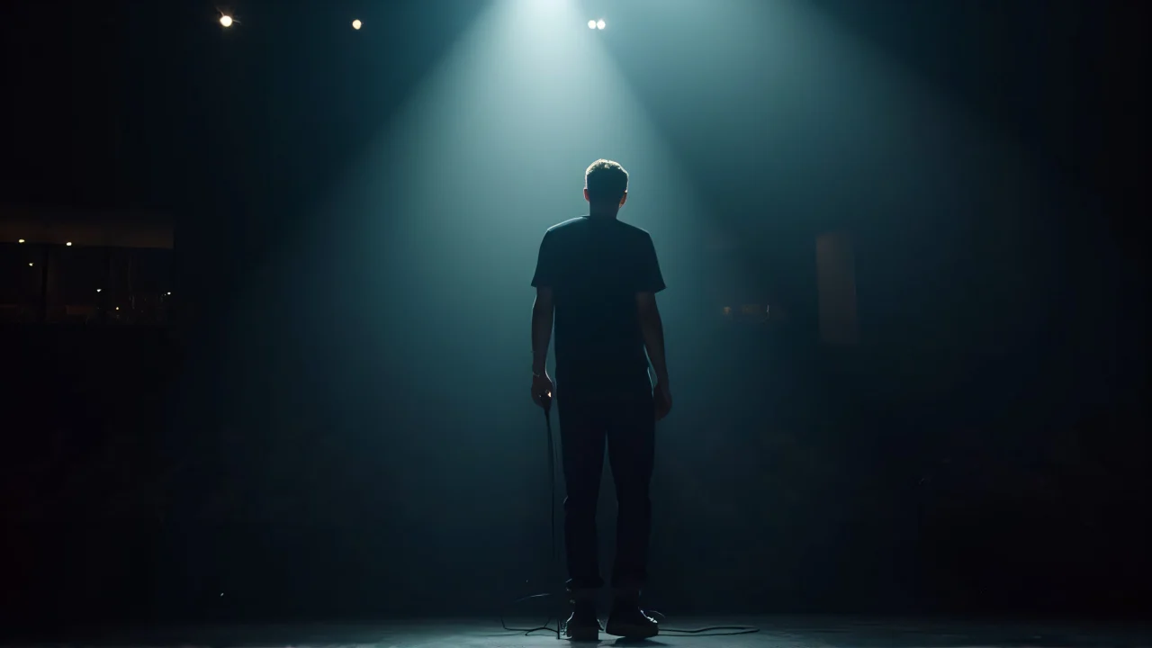 A solo performer holds a wired microphone in a spotlight on stage, with empty auditorium seats behind them.