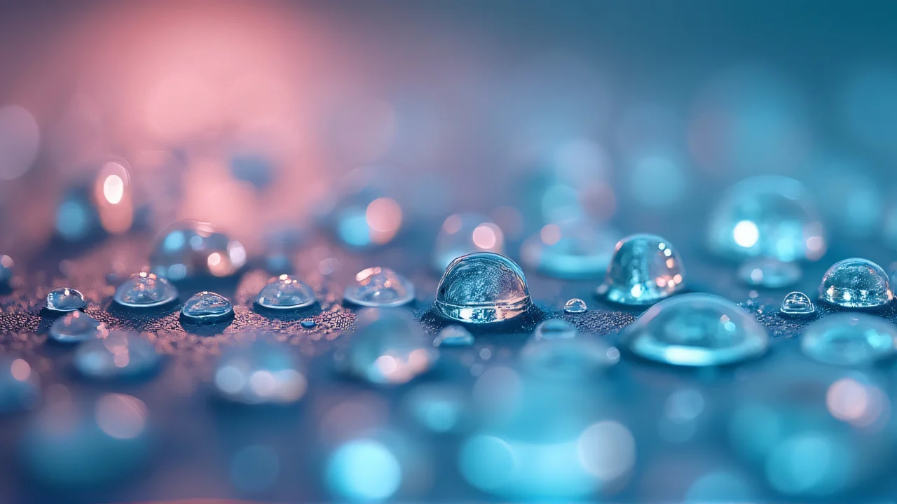 Extreme close-up of spherical beads of liquid on a reflective surface with soft bokeh.