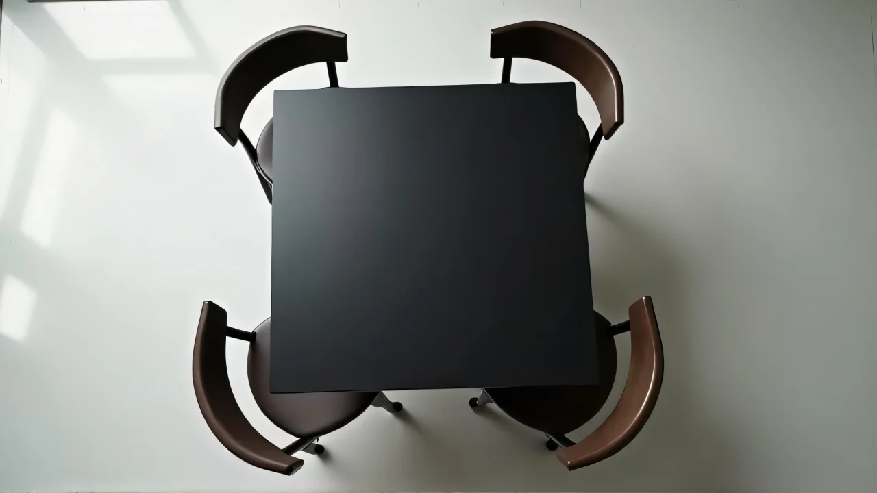 Top-down view of a square black wooden table and chairs in a neutral studio setting with natural light.
