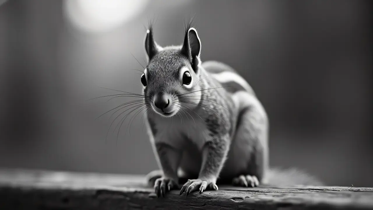 Close-up of a squirrel's face with whiskers on a wooden rail.
