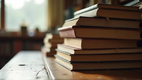 Stack Of Worn Books On Wooden Table