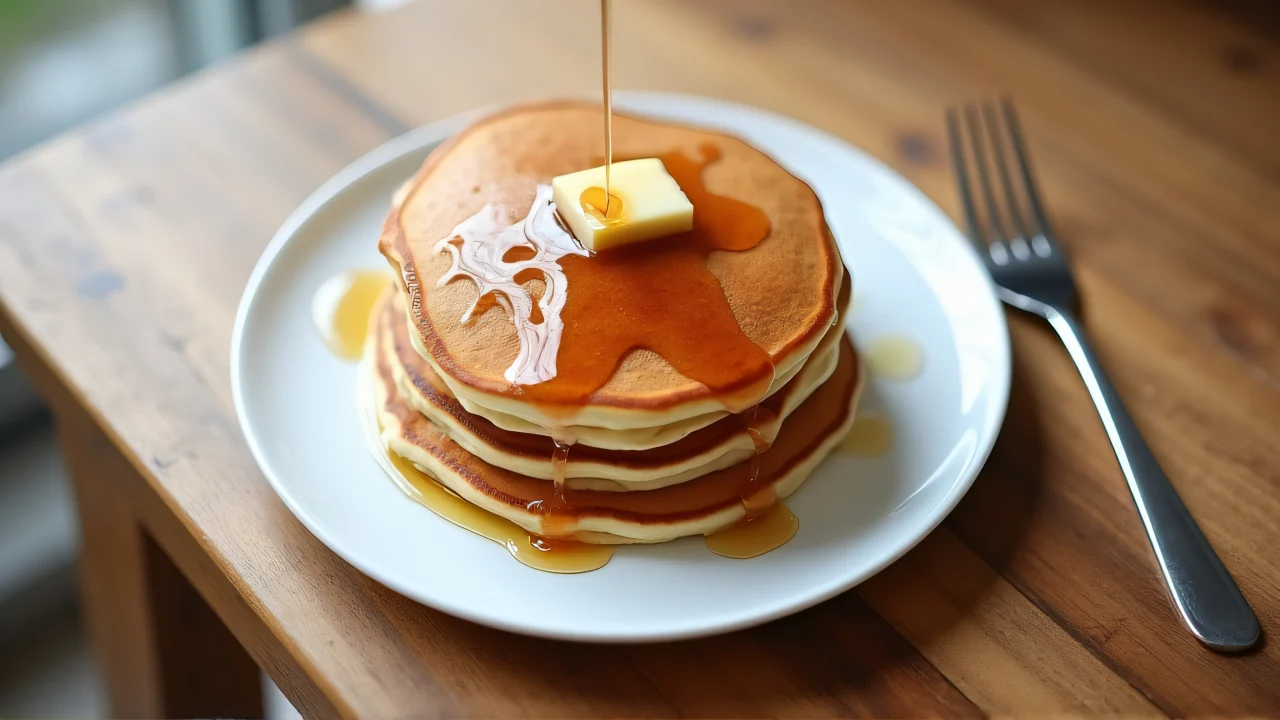 Top-down view of stacked pancakes with syrup on a white platter in natural light.