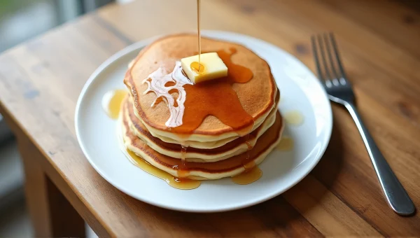 Stacked Pancakes With Syrup Drizzle On Platter