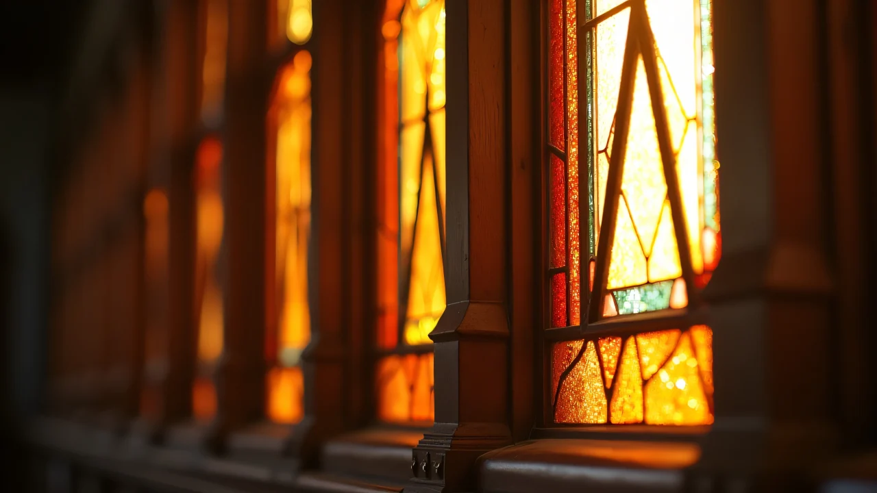 Close-up view of stained glass windows with bright colors and geometric shapes.