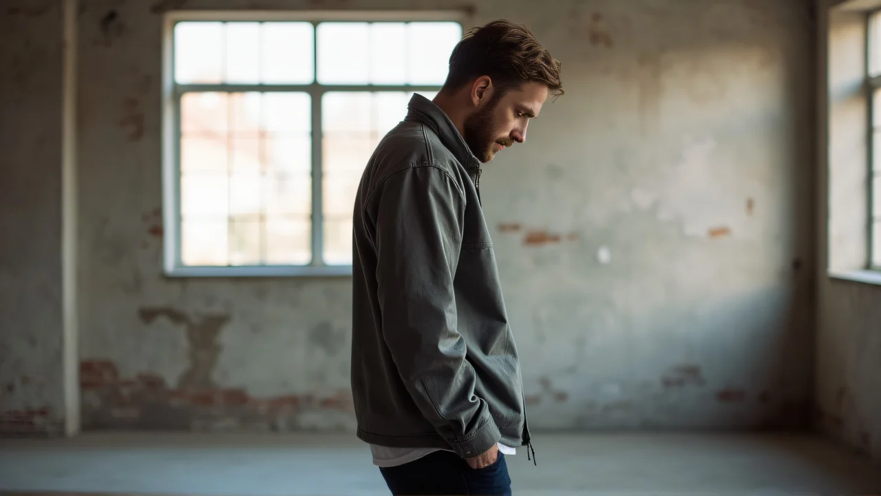 A man poses in an urban loft, looking down while standing.