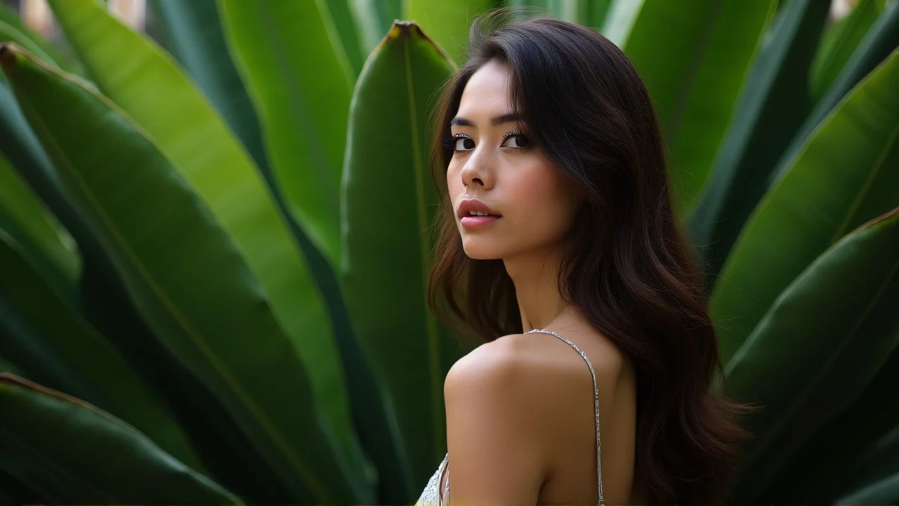 A woman stands gracefully in front of dense green foliage.