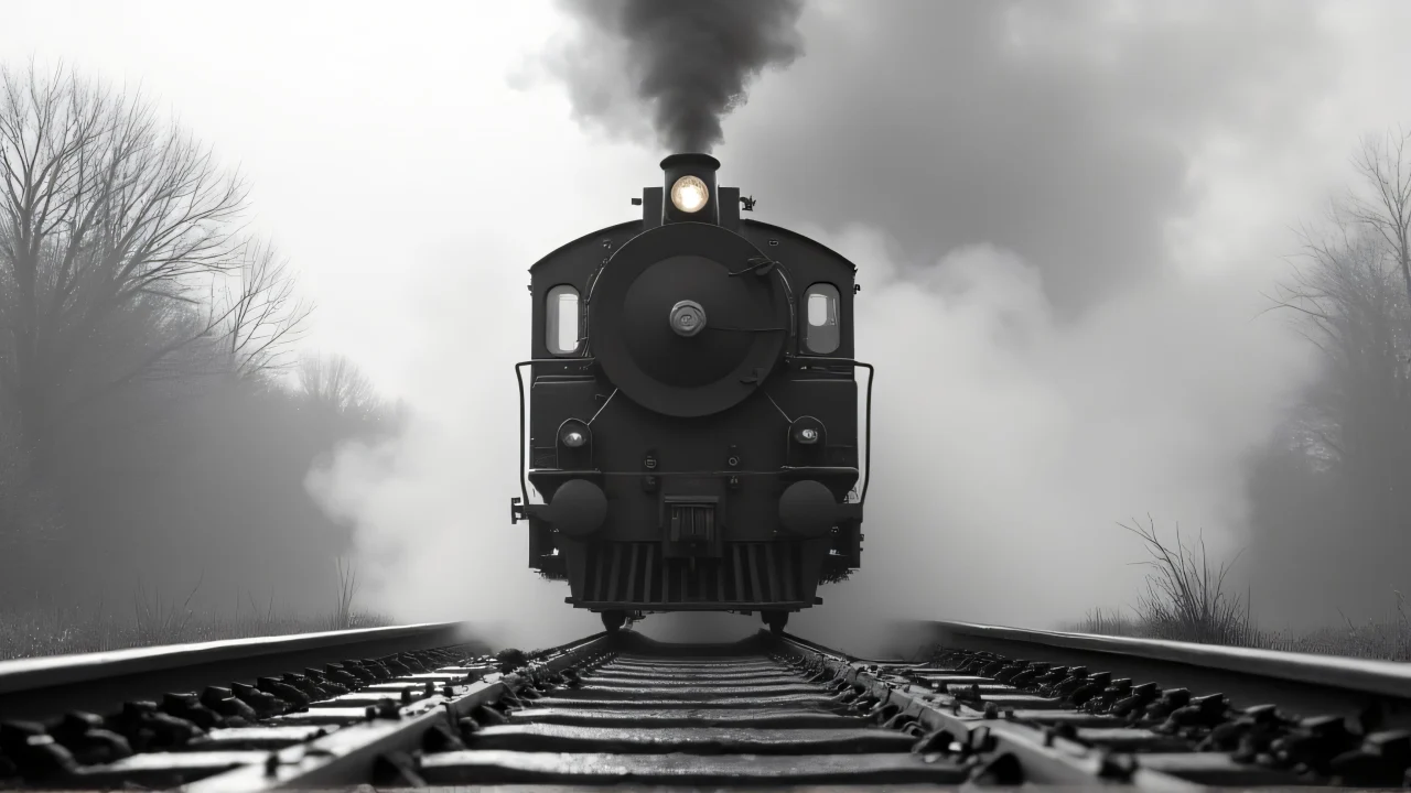 Grayscale steam locomotive on tracks with smoke and reflections.