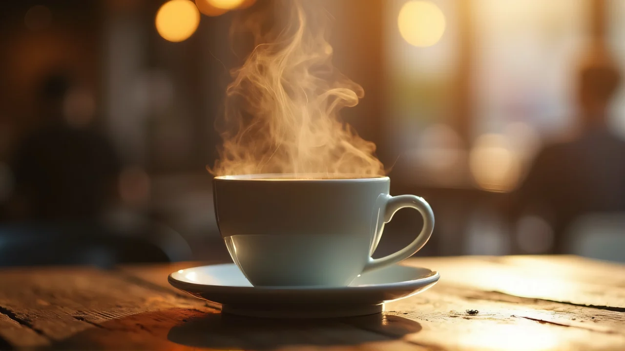 A close-up of a steaming coffee cup on a rustic café surface, showcasing warmth and comfort.