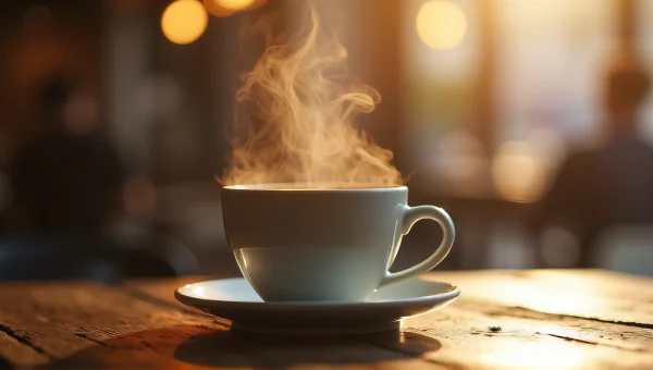 Steaming Coffee Cup Close-Up Rustic Cafe