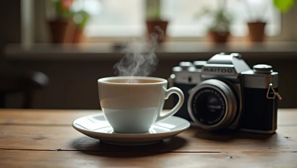 Steaming Coffee Cup Vintage Camera Workspace