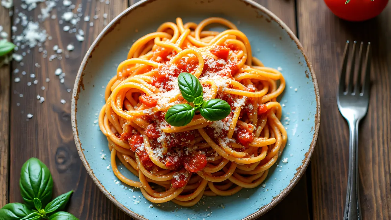 Top-down view of a steaming spaghetti dish with tomato sauce and basil on a rustic wooden table.