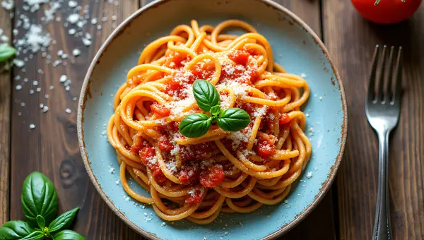 Steaming Spaghetti Dish With Tomato Sauce And Basil