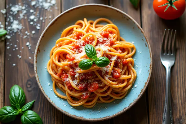 Steaming Spaghetti Dish With Tomato Sauce And Basil