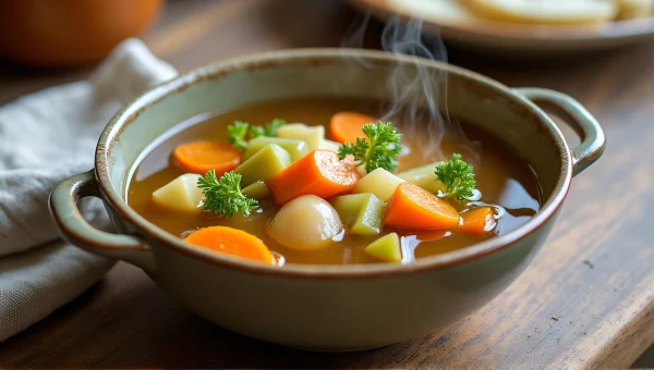 Steaming Vegetable Soup Bowl Overhead View