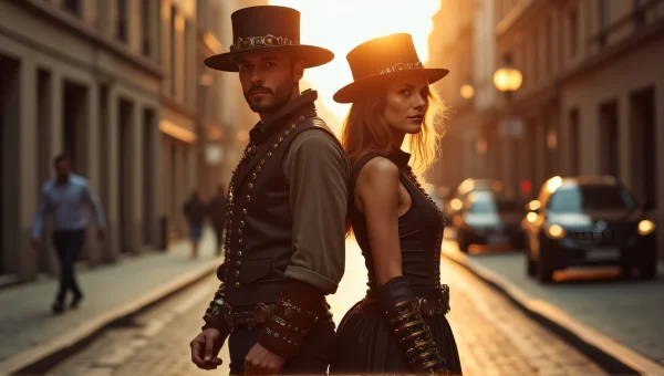 Steampunk Couple Back-to-Back On Cobblestone Street