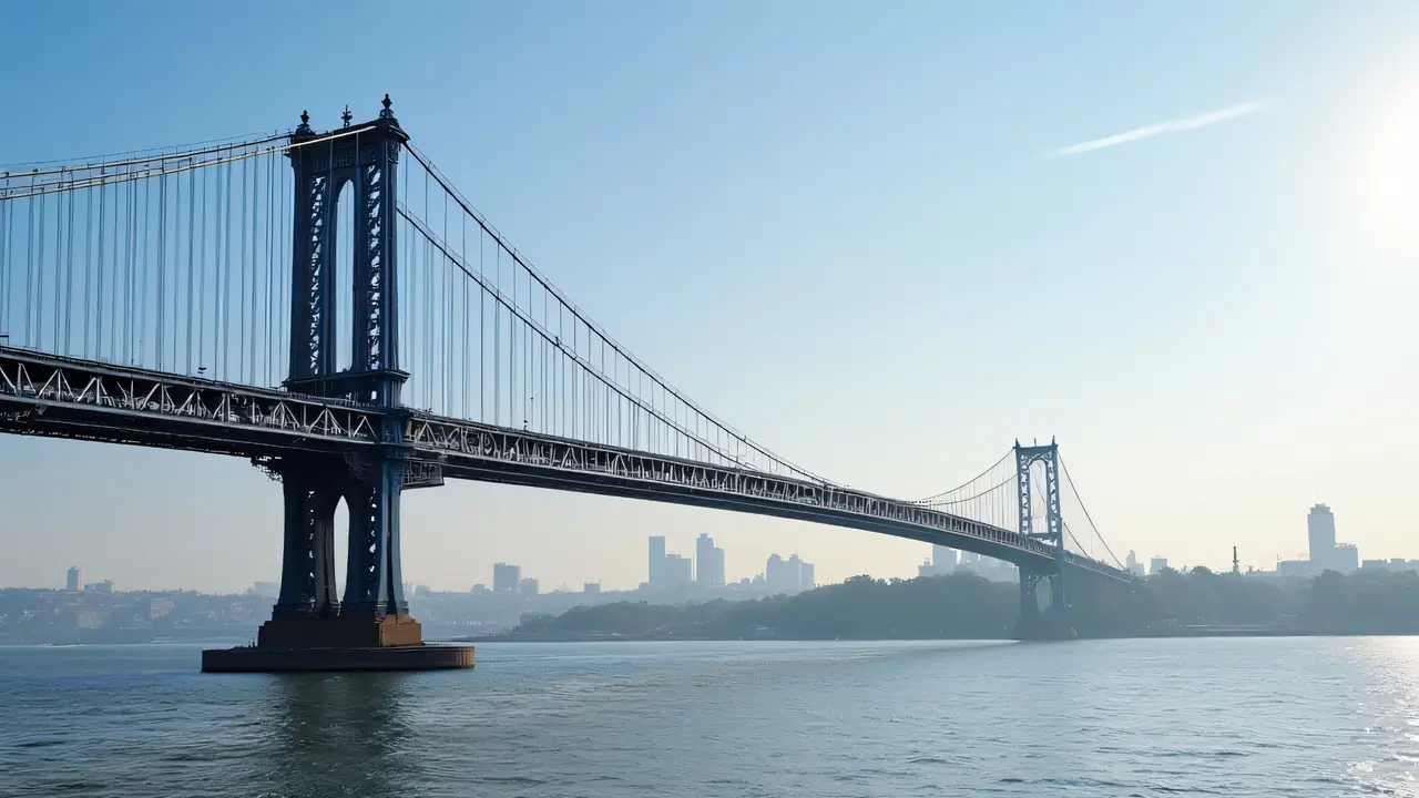 A low-angle view of a steel suspension bridge spanning a river under a clear midday sky.